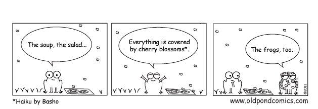 The soup, the salad / everything is covered by cherry blossoms (Haiku by Matsuo Basho illustrated in comics by Jessica Tremblay)